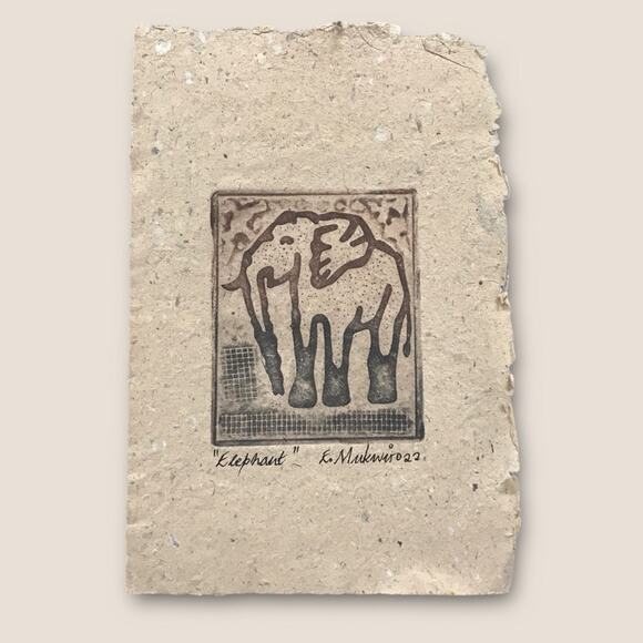 African Animal Print Etchings on Handmade Paper by Mukwiro Elephant & Wildbeast - Picture 3 of 8